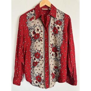 Liz Claiborne Lizwear Blouse Small Red Floral Western Boho Button Front Top
